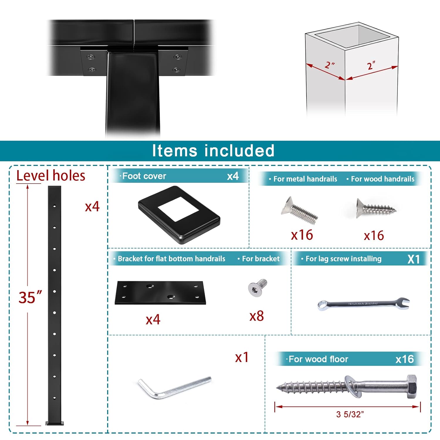 4Pack 36''x2''x2'' Black Square Weldless Stainless Steel Pre-Drilled Cable Railing Post B560115