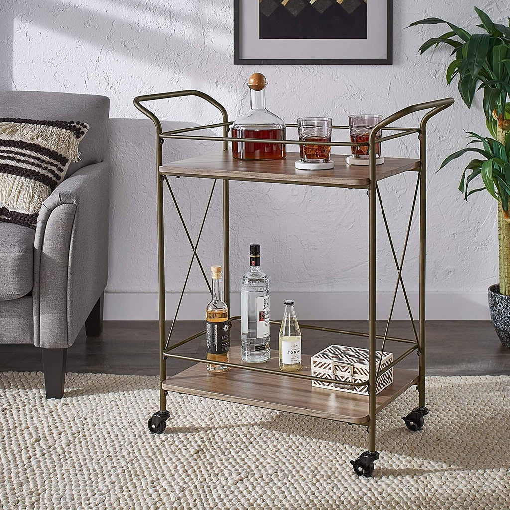 Bronze Finish Metal Bar Cart Walnut Wood Shelf Q5549