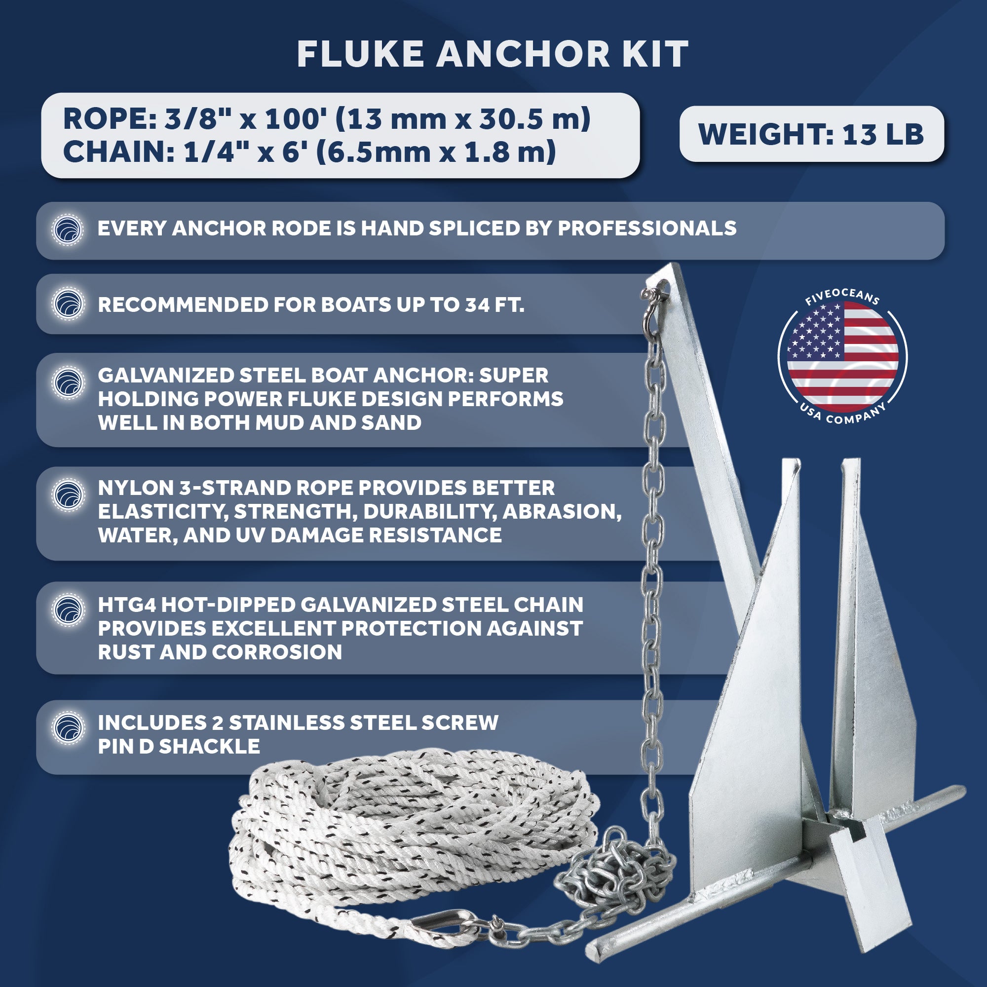 13 Lb Galvanized Fluke Boat Anchor Kit with Chain and Rope Y420