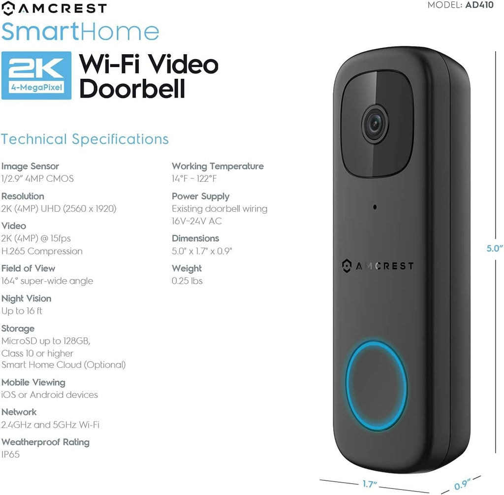 4MP Wireless WiFi Video Doorbell Camera with 2-Way Audio T260068