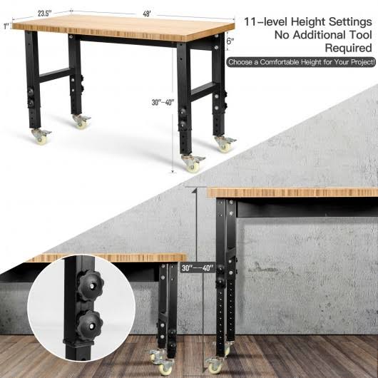 Adjustable Height Workbench Mobile Tool Bench Bamboo Top with Caster E1769