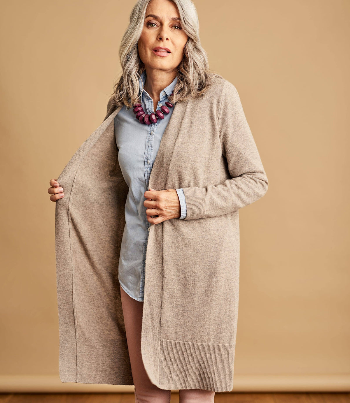 Beige Open Long Cashmere Cardigan R66674