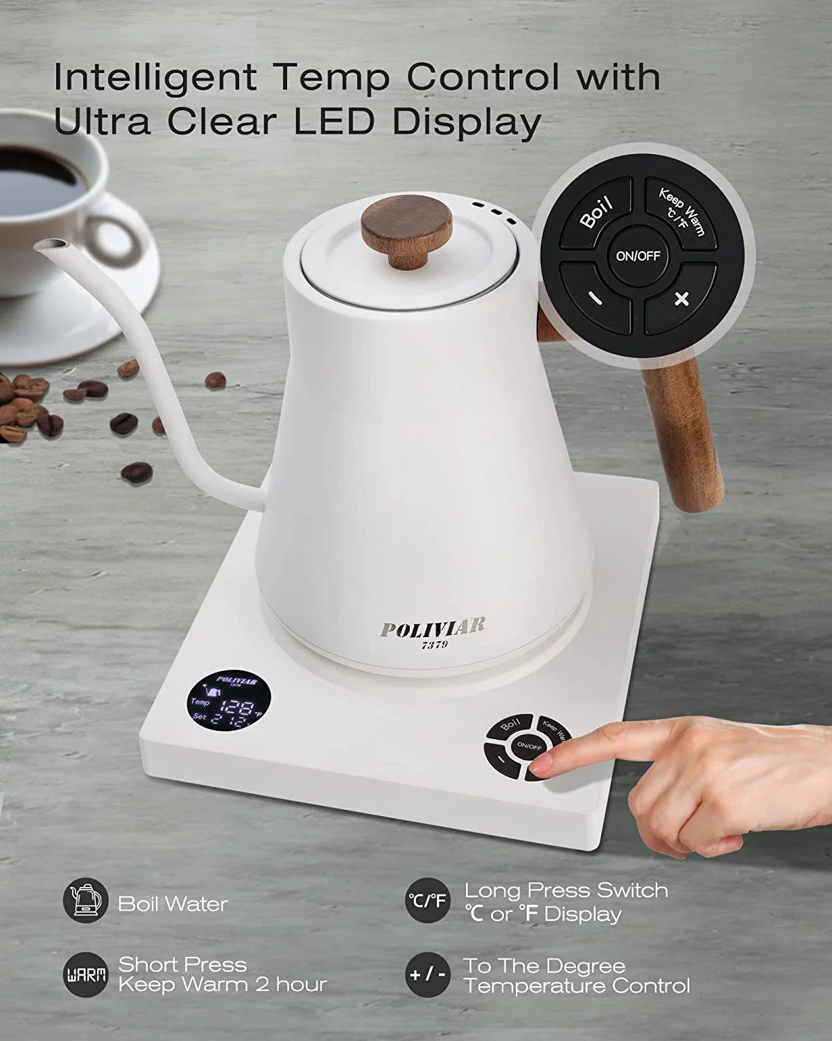 Electric Gooseneck Kettle 1200W 34oz 18/8 Stainless Steel Inner Temperature Control L8839