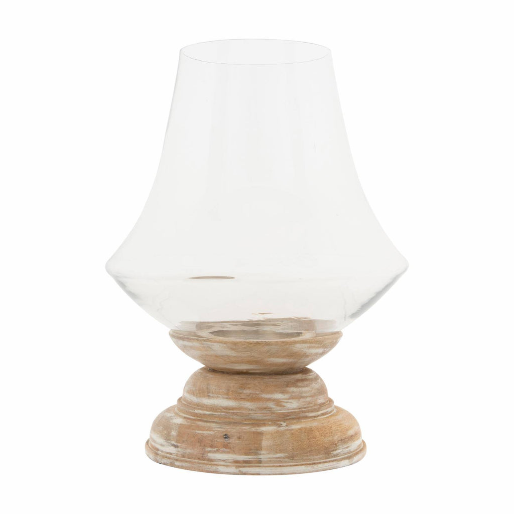 Large Whitewashed Mango Wood Handblown Glass Hurricane M946