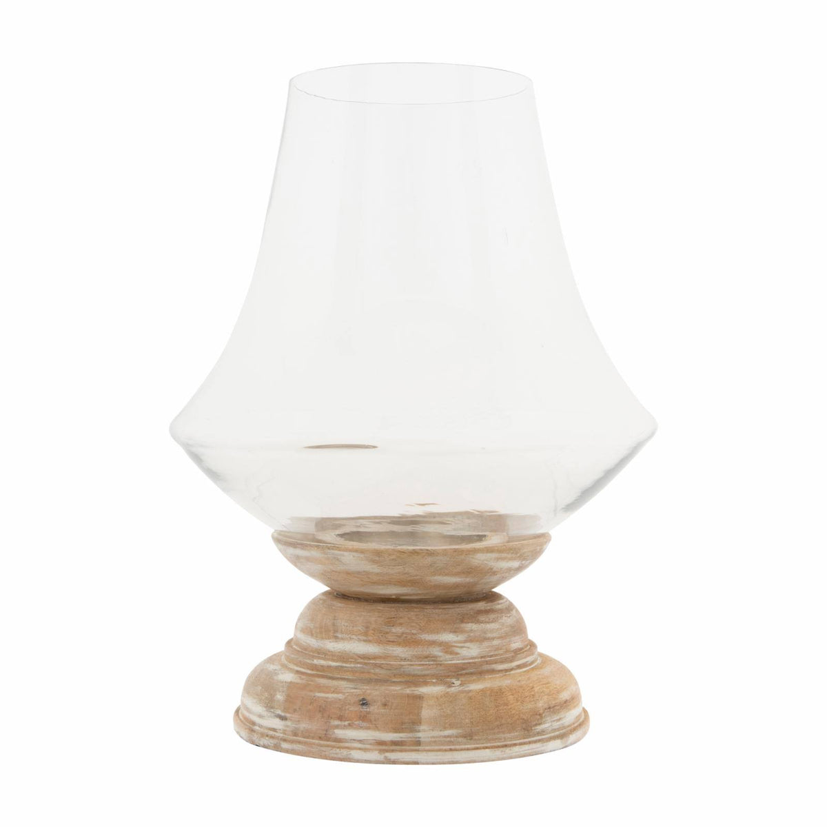 Large Whitewashed Mango Wood Handblown Glass Hurricane M946