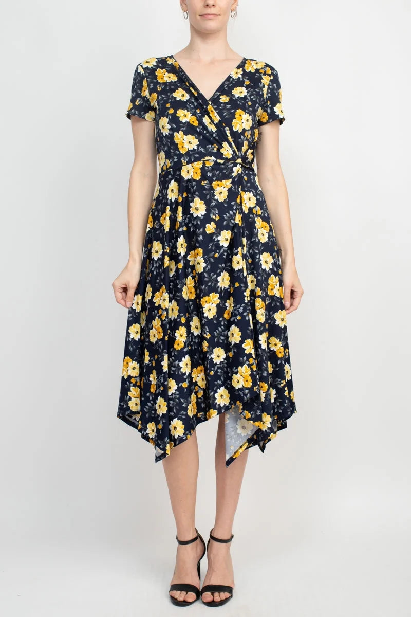 V-Neck Short Sleeve Floral Print ITY Dress C148