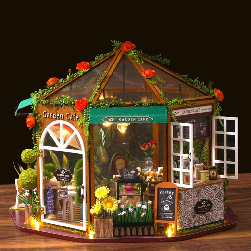 DIY Miniature Doll House Wooden Coffee Shop with Furniture LED Light M316