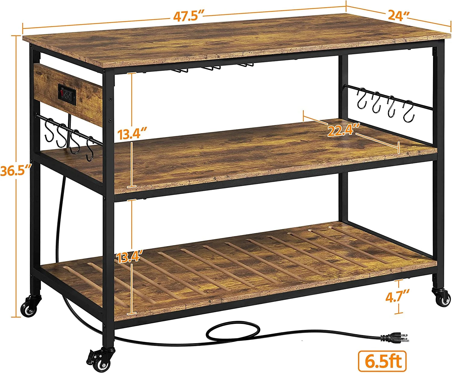 Rustic Brown Rolling Kitchen Cart with Power Outlet M1301