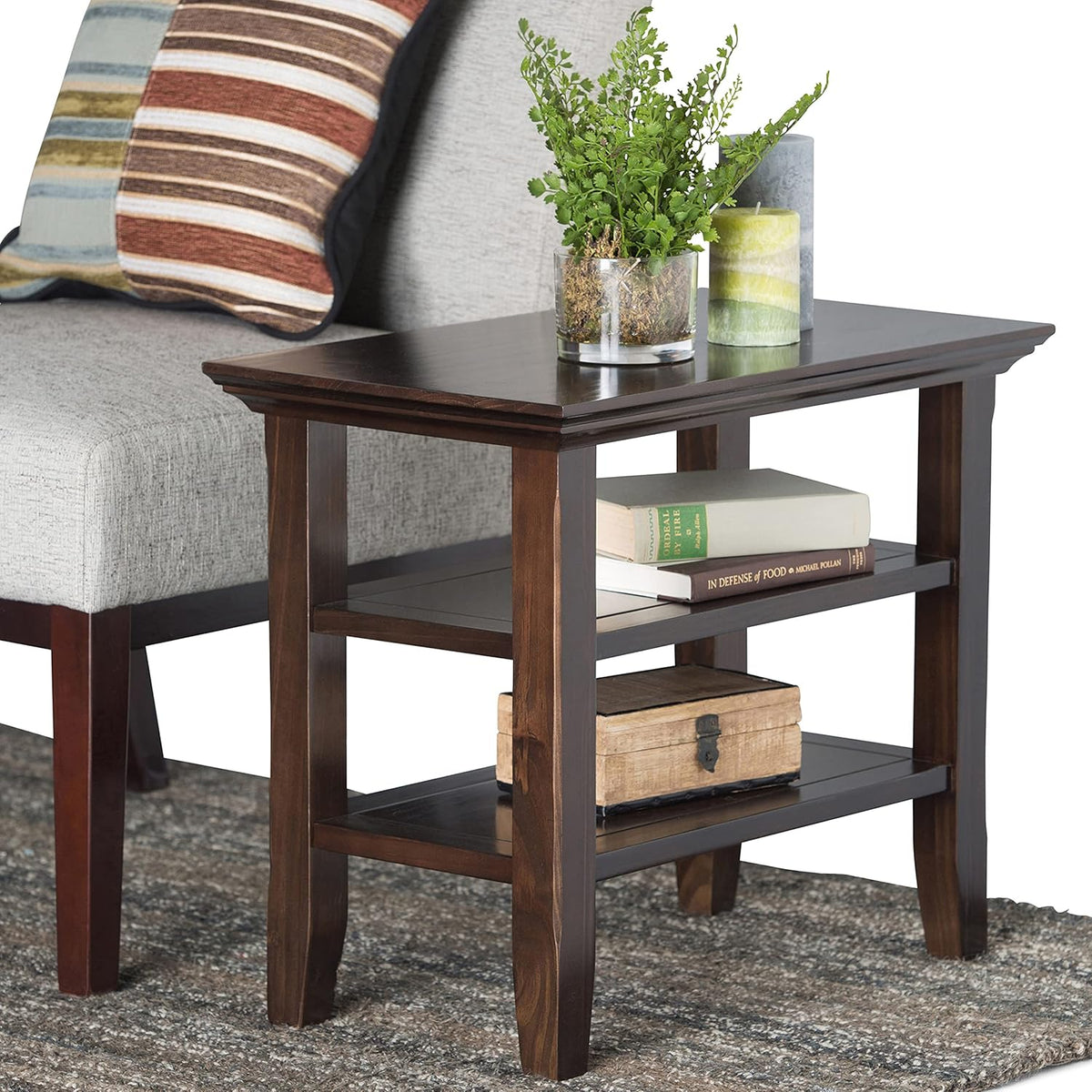 Black Solid Wood Narrow Side Table with 2 Shelves W1573