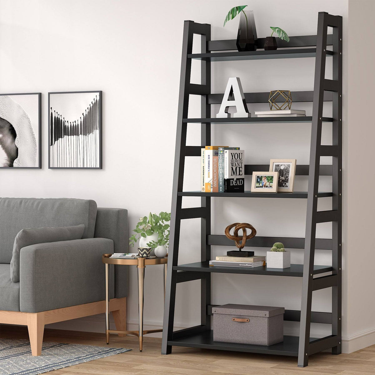 5-Tier Ladder Bookshelf Bookcase Brown U32035