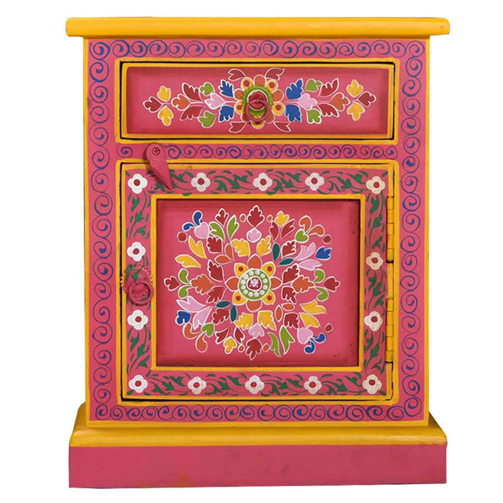 Pink Hand Painted Solid Mango Wood Bedside Cabinet D798