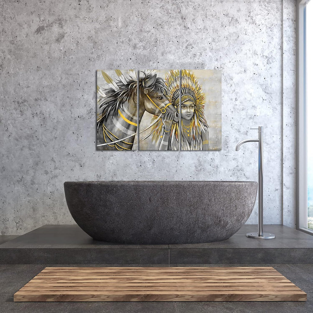 Set of 3 Canvas Painting Native American Women with Horse Feathers Headdress Poster Artwork Framed L417