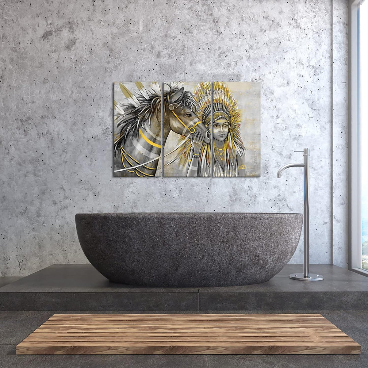 Set of 3 Canvas Painting Native American Women with Horse Feathers Headdress Poster Artwork Framed L417