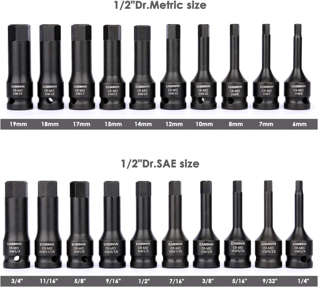 1/2 Drive 20-Piece Impact Hex Bit Set, Cr-Mo Steel U241727