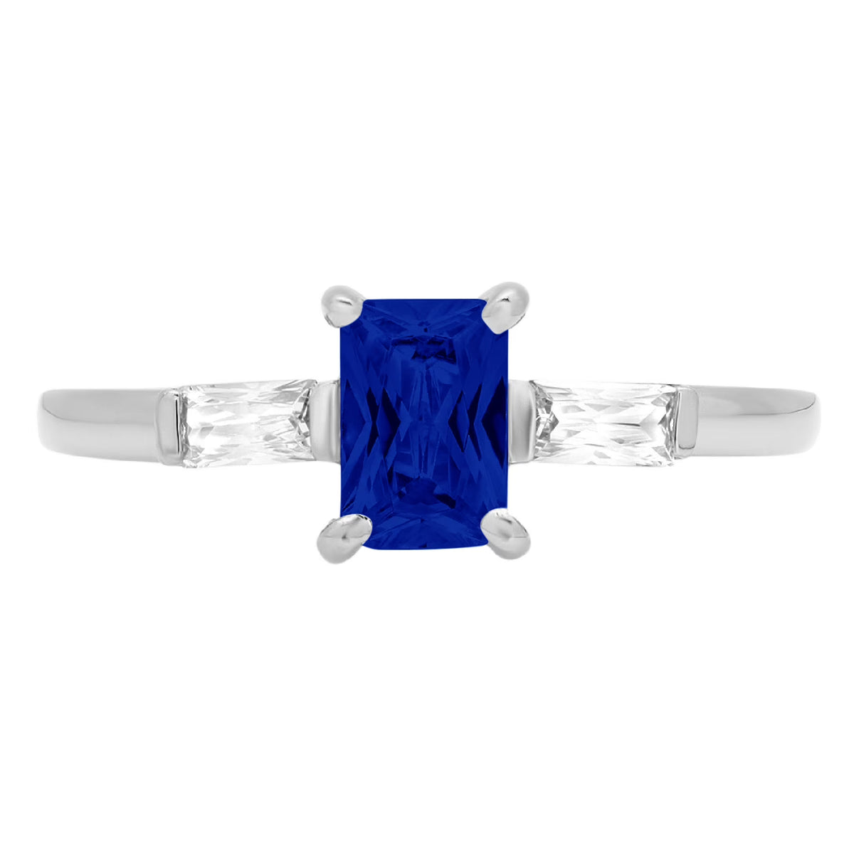 0.8ct Emerald Cut Blue Sapphire 18k White Gold 3 Stone Ring O631286