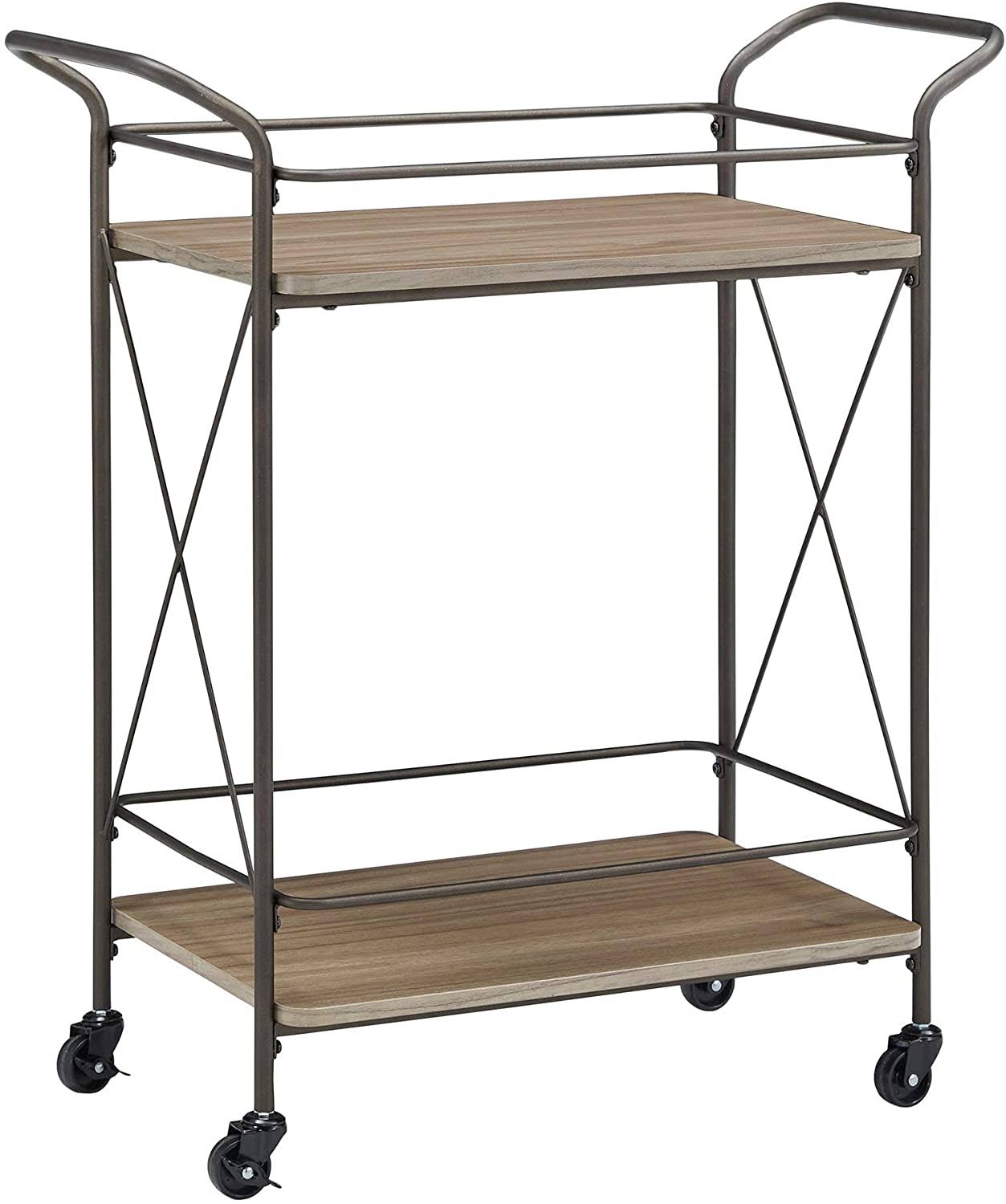 Bronze Finish Metal Bar Cart Walnut Wood Shelf Q5549