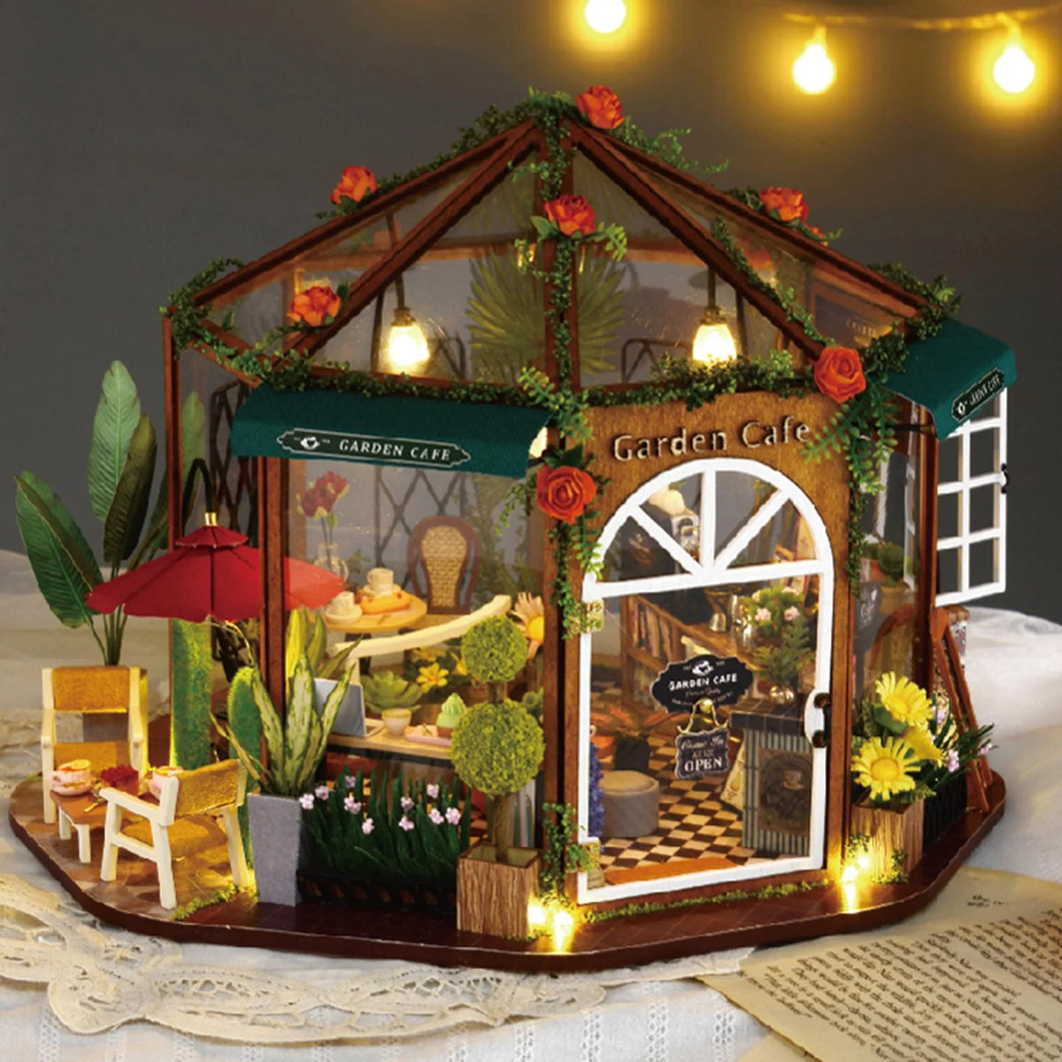 DIY Miniature Doll House Wooden Coffee Shop with Furniture LED Light M316