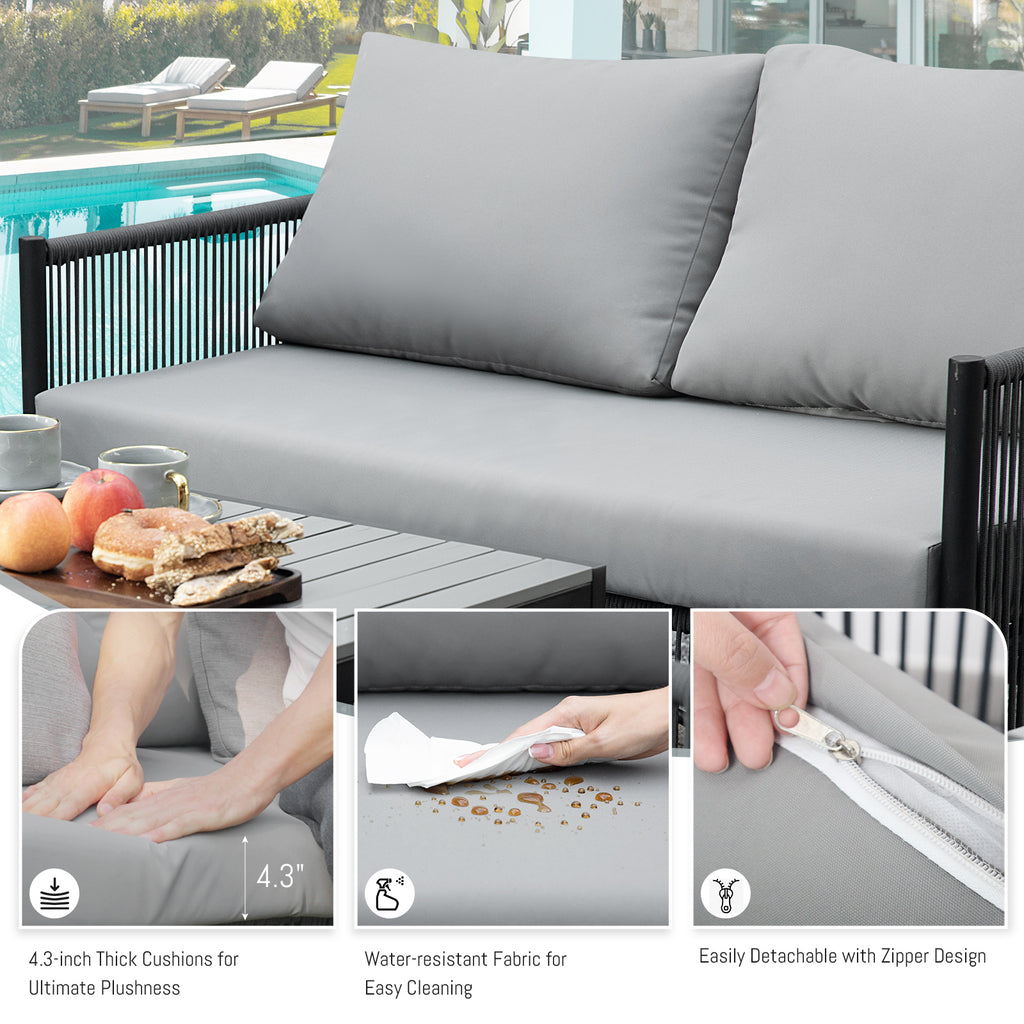 Grey Rope Patio Sectional Sofa Set with Fire Pit Table, 9 Pcs Outdoor Furniture Set X2664