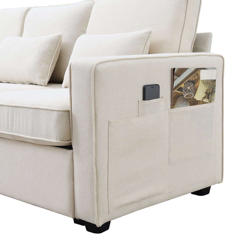 Upholstered Sofa with Console, 2 Cupholders and 2 USB Ports, Linen Fabric, 4-Seat J705195