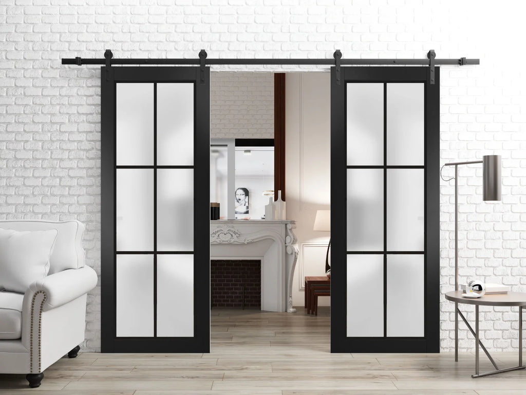 Matte Black Frosted Glass Double Barn Door 64 x 80 inches Q940