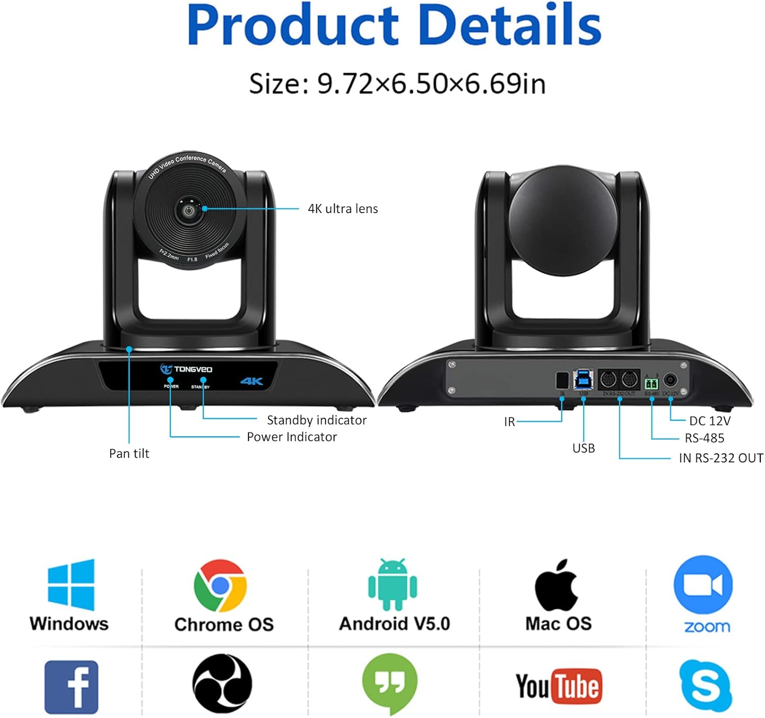 4K PTZ Webcam Video Conference Camera with 5X Digital Zoom and Remote Control USB Wide-Angle T2051