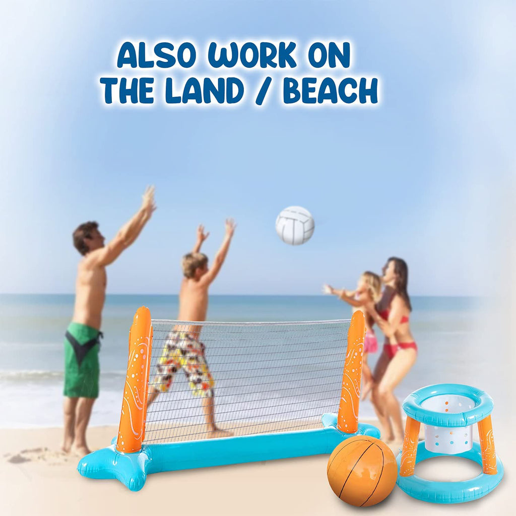 Inflatable Pool Float Set with Volleyball Net, Basketball, Balls W207