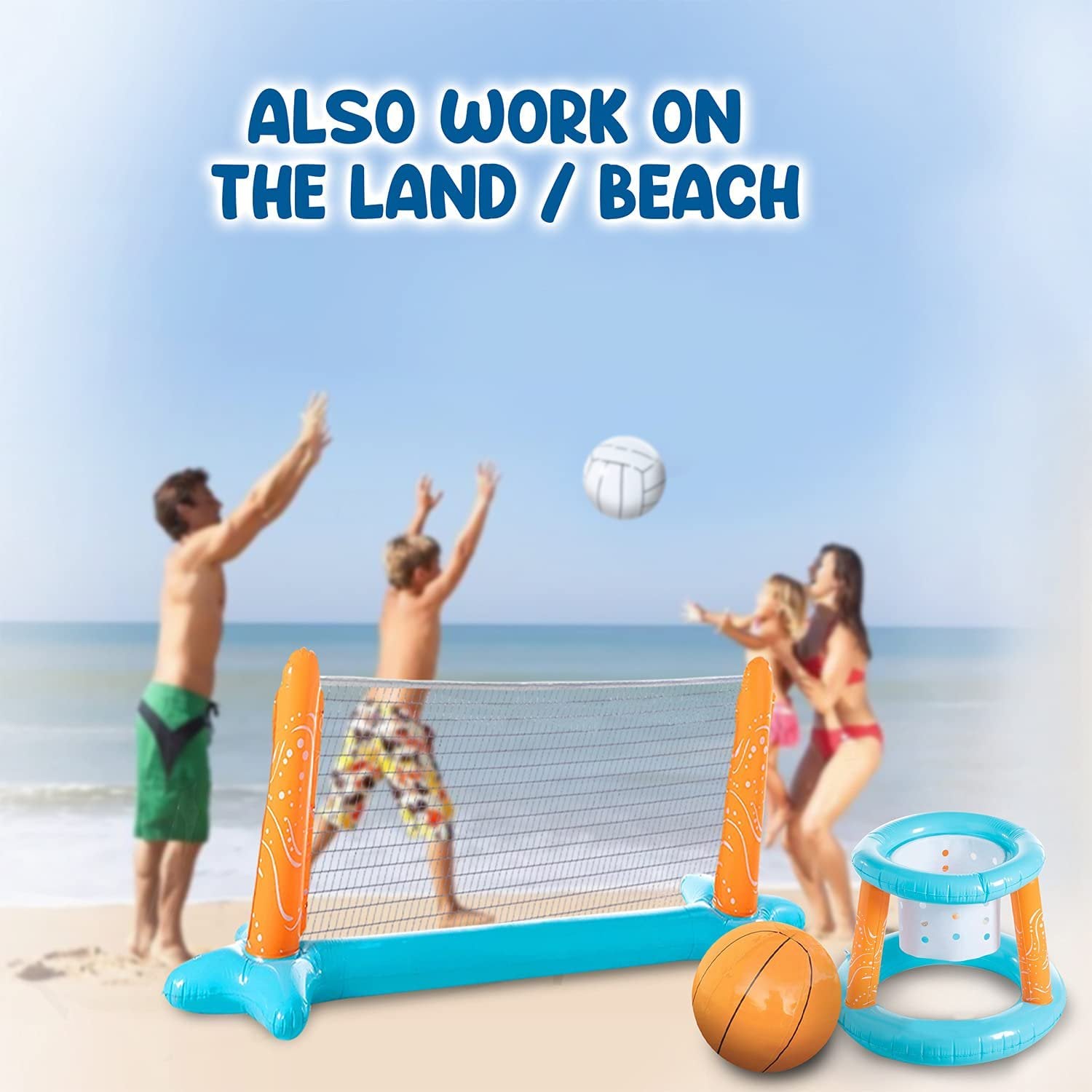 Inflatable Pool Float Set with Volleyball Net, Basketball, Balls W207