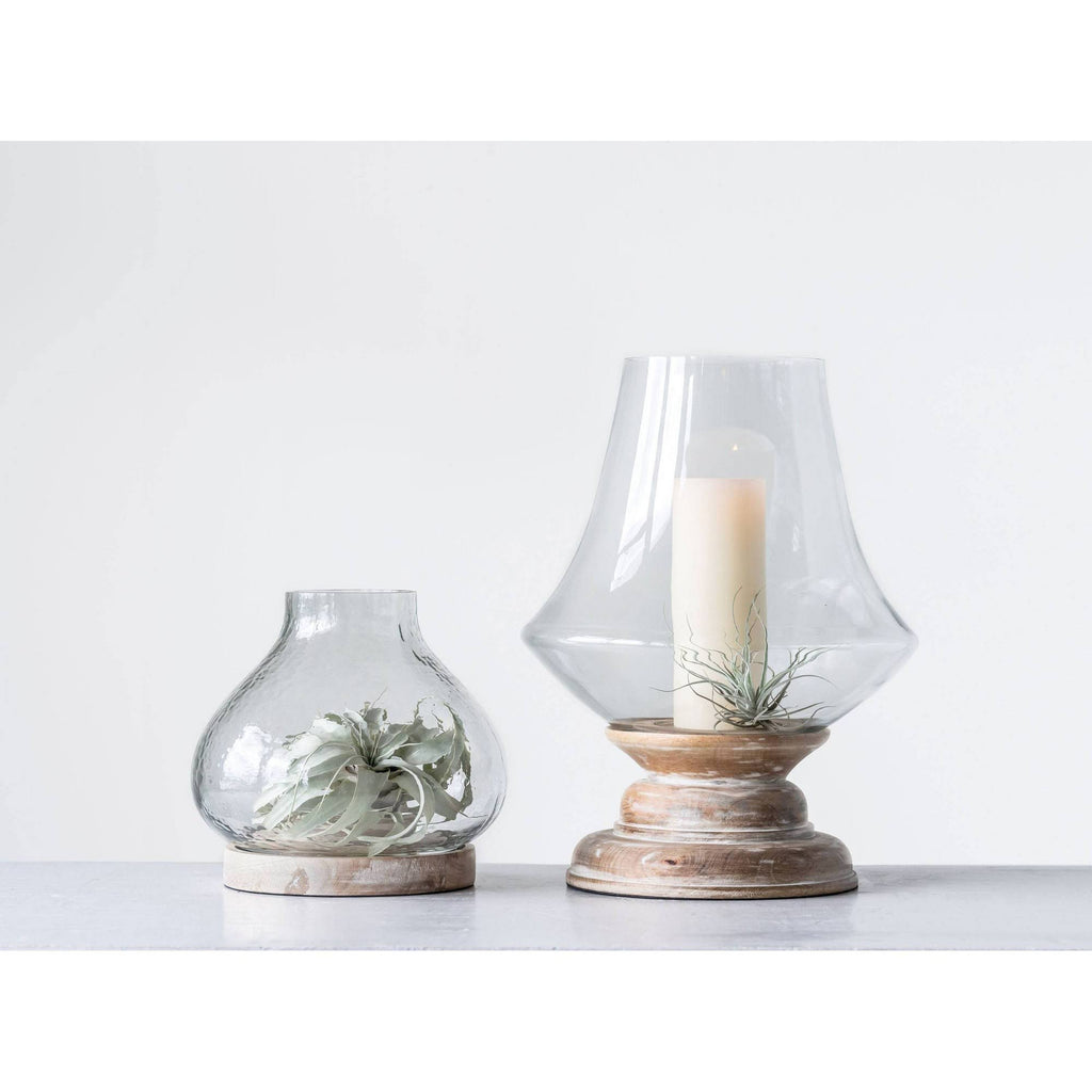 Large Whitewashed Mango Wood Handblown Glass Hurricane M946