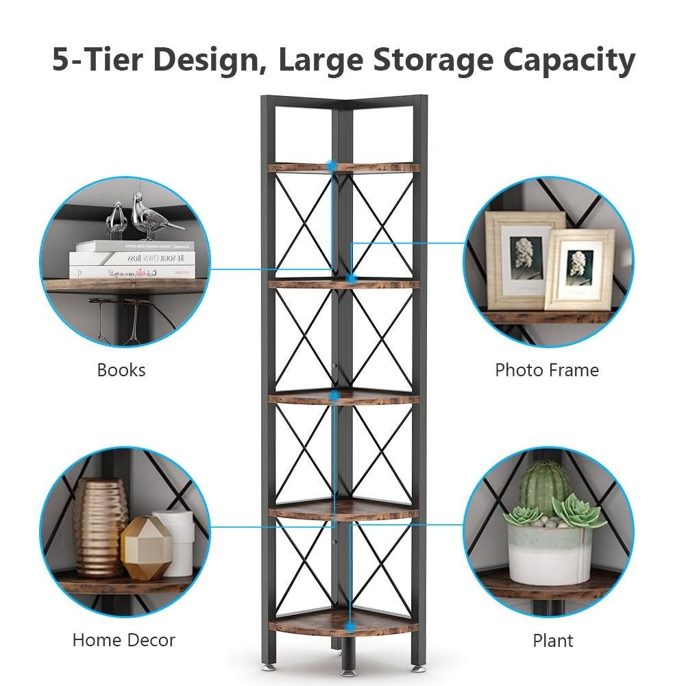 5 Tier Corner Bookshelf Bookcase Brown T6090