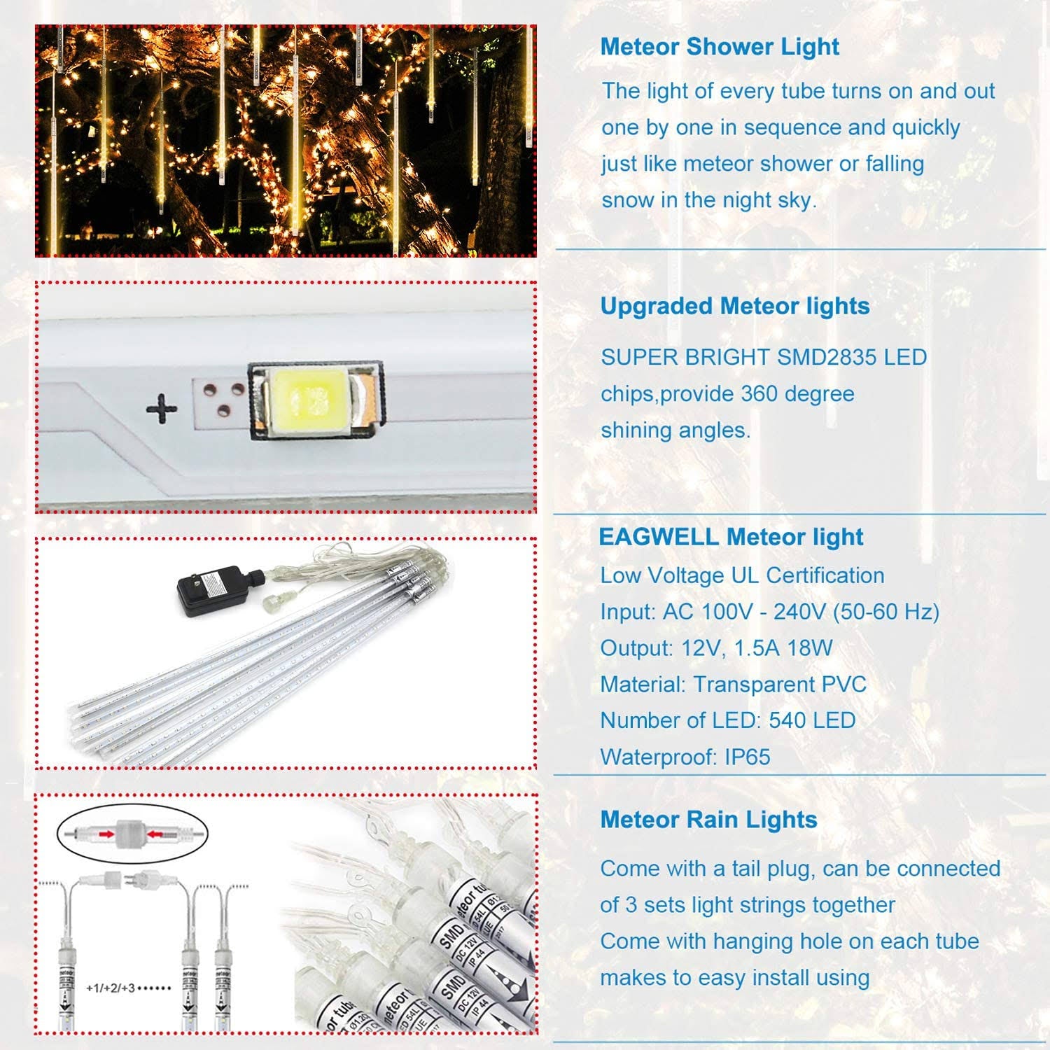 540 LED Meteor Shower Rain Lights Waterproof W505