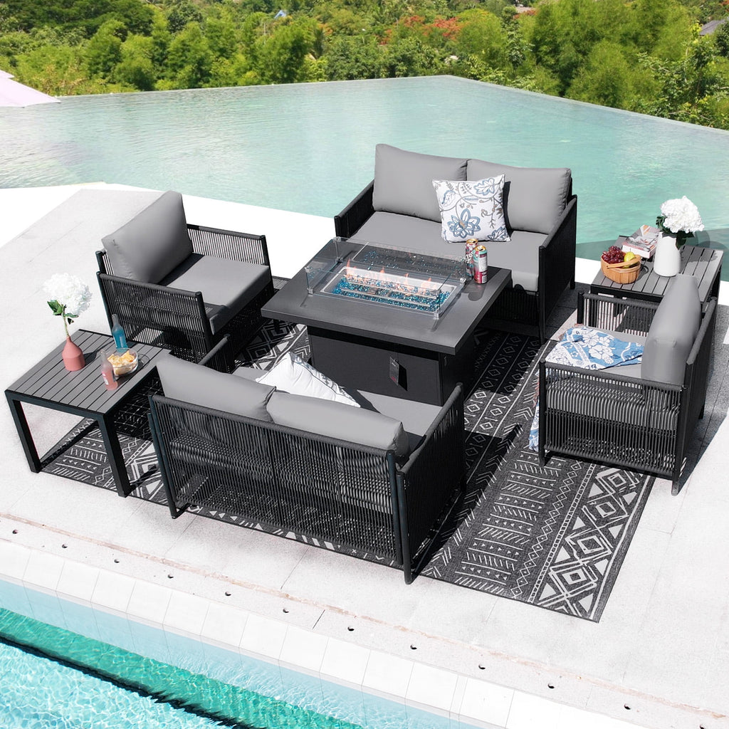 Grey Rope Patio Sectional Sofa Set with Fire Pit Table, 9 Pcs Outdoor Furniture Set X2664