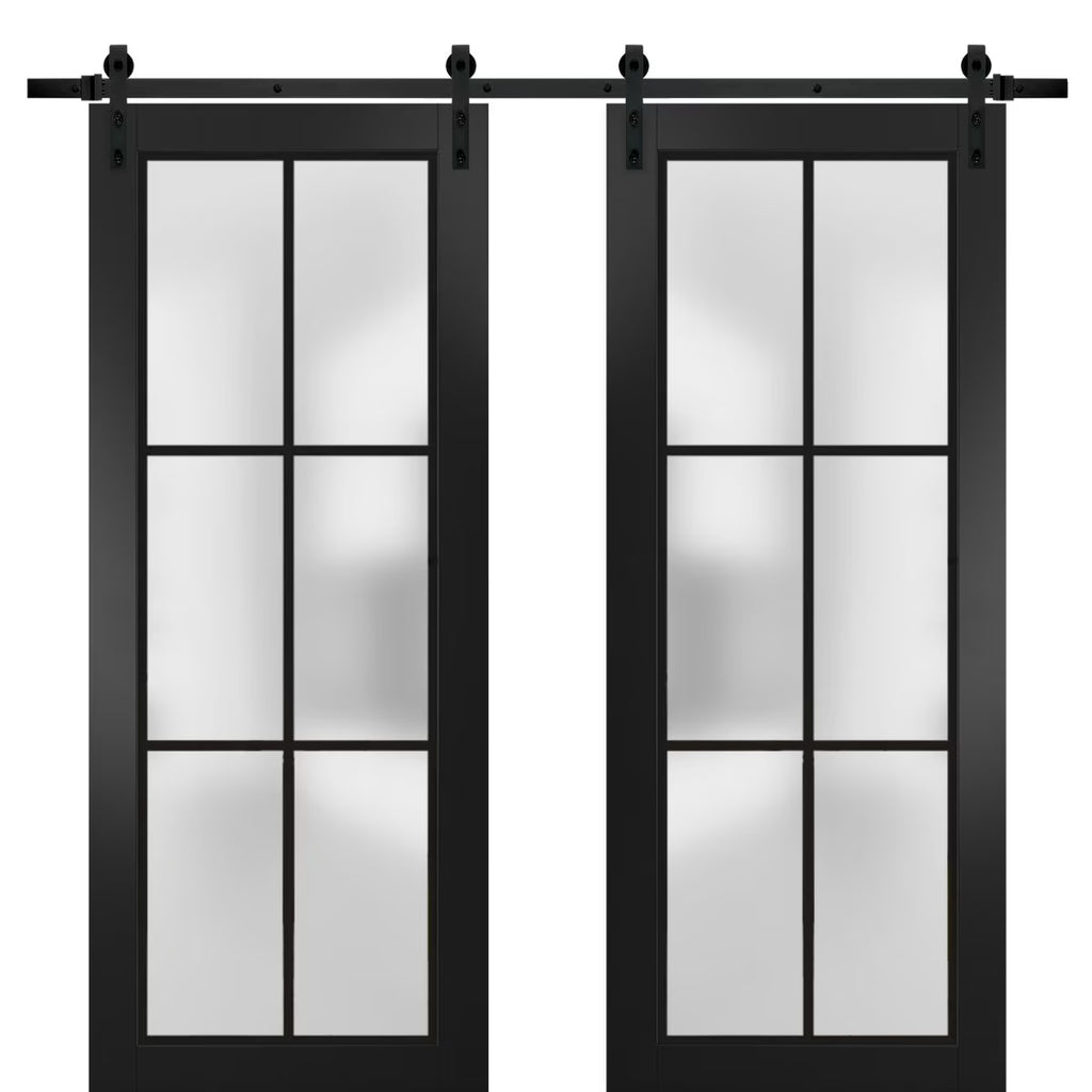 Matte Black Frosted Glass Double Barn Door 64 x 80 inches Q940