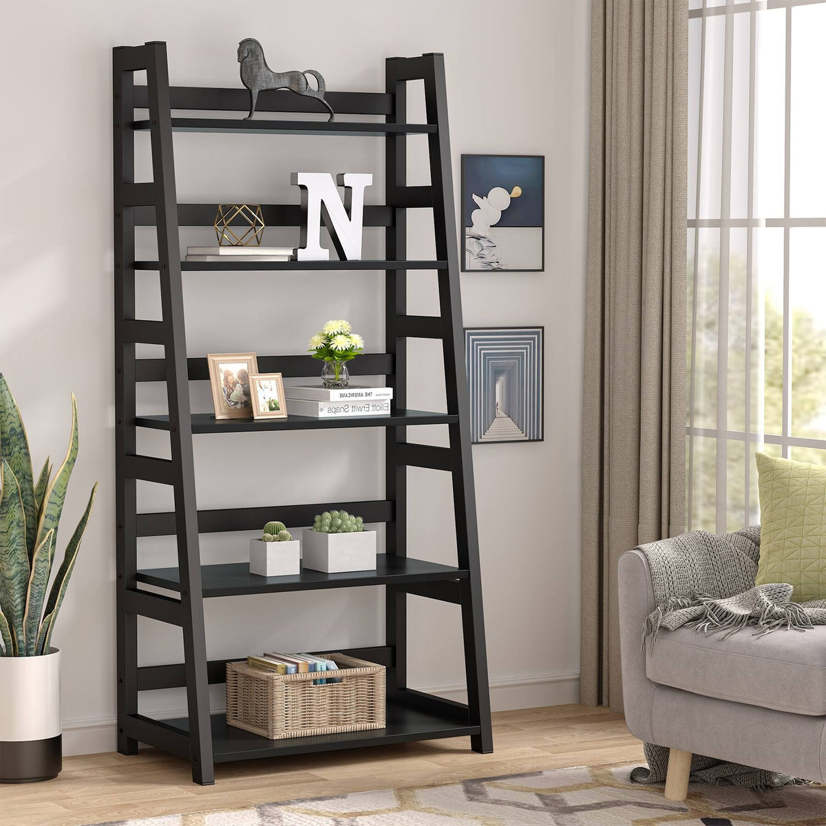 5-Tier Ladder Bookshelf Bookcase Brown U32035
