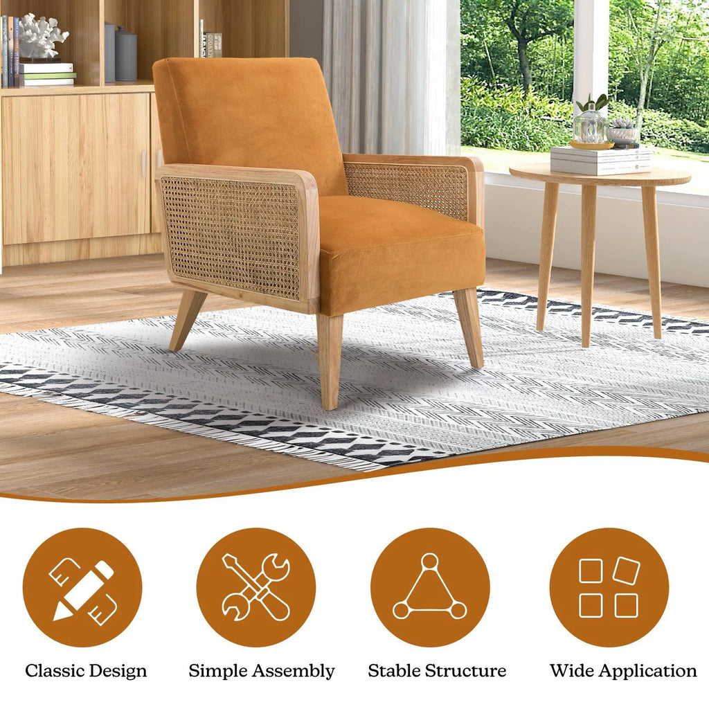 Yellow Fabric Upholstered Accent Chair with Rattan Armrests B69079
