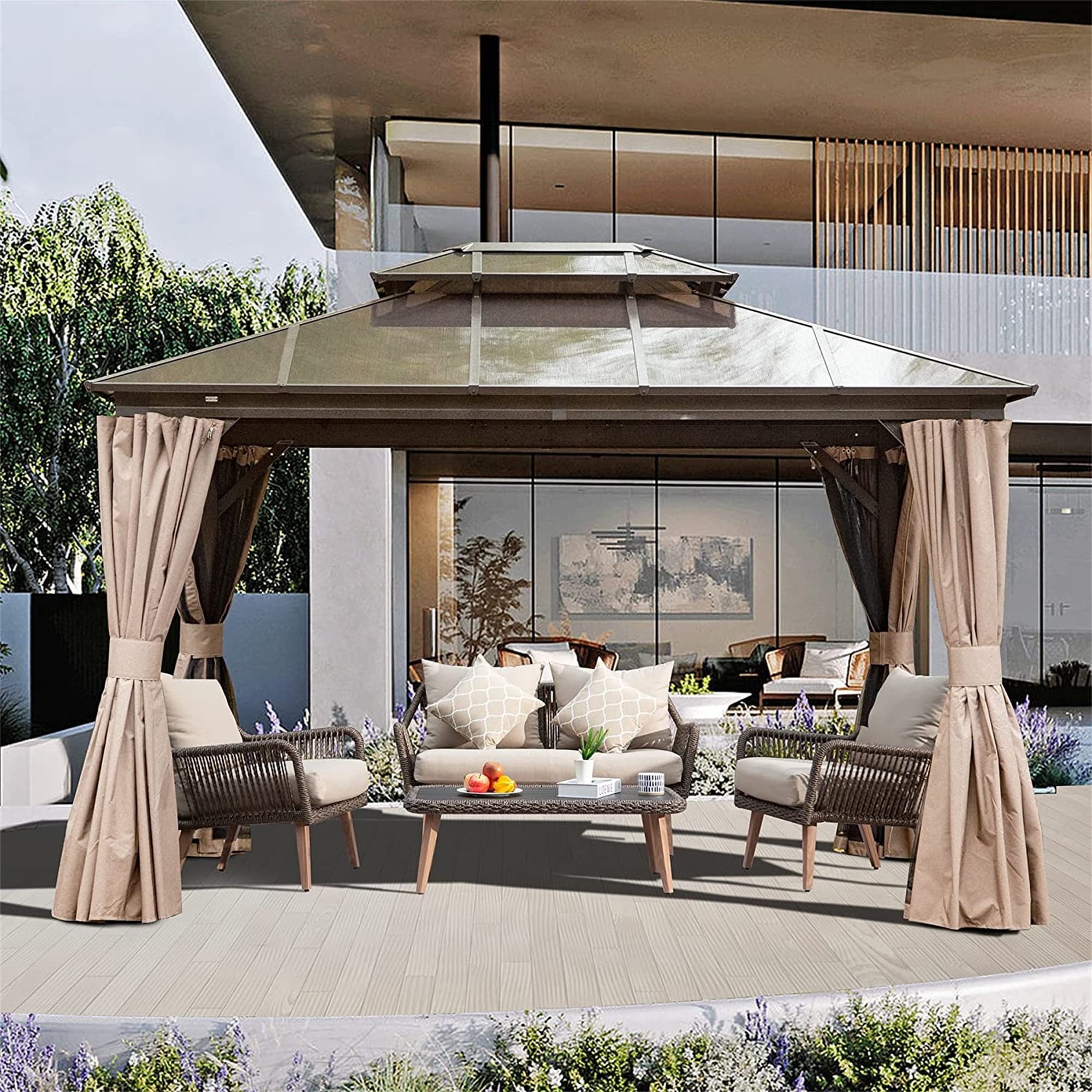 Brown Hardtop Pergola with Bug Netting and Curtains S5689