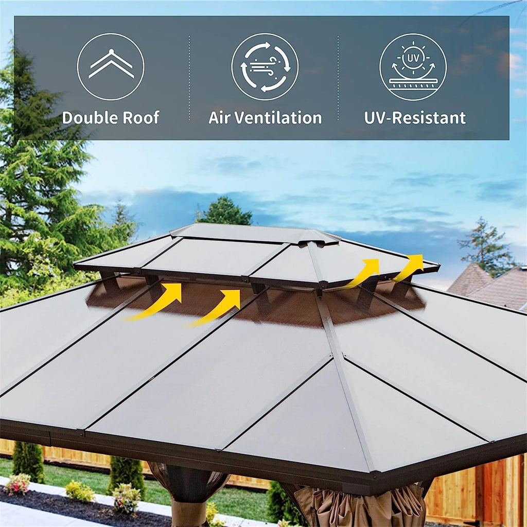 Brown Hardtop Pergola with Bug Netting and Curtains S5689