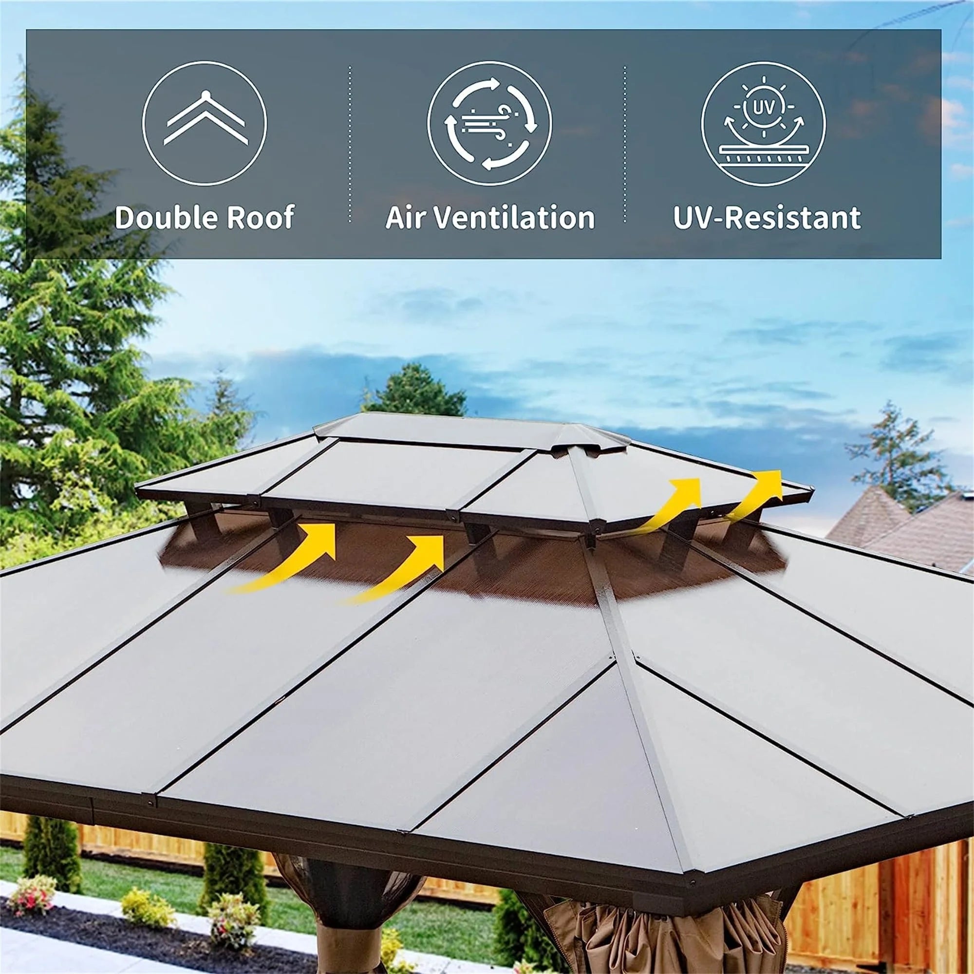 Brown Hardtop Pergola with Bug Netting and Curtains S5689