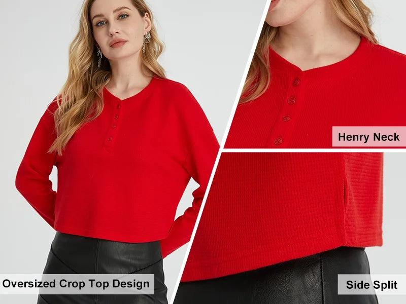 Oversized Long Sleeve Crop Top Waffle Ribbed R5094