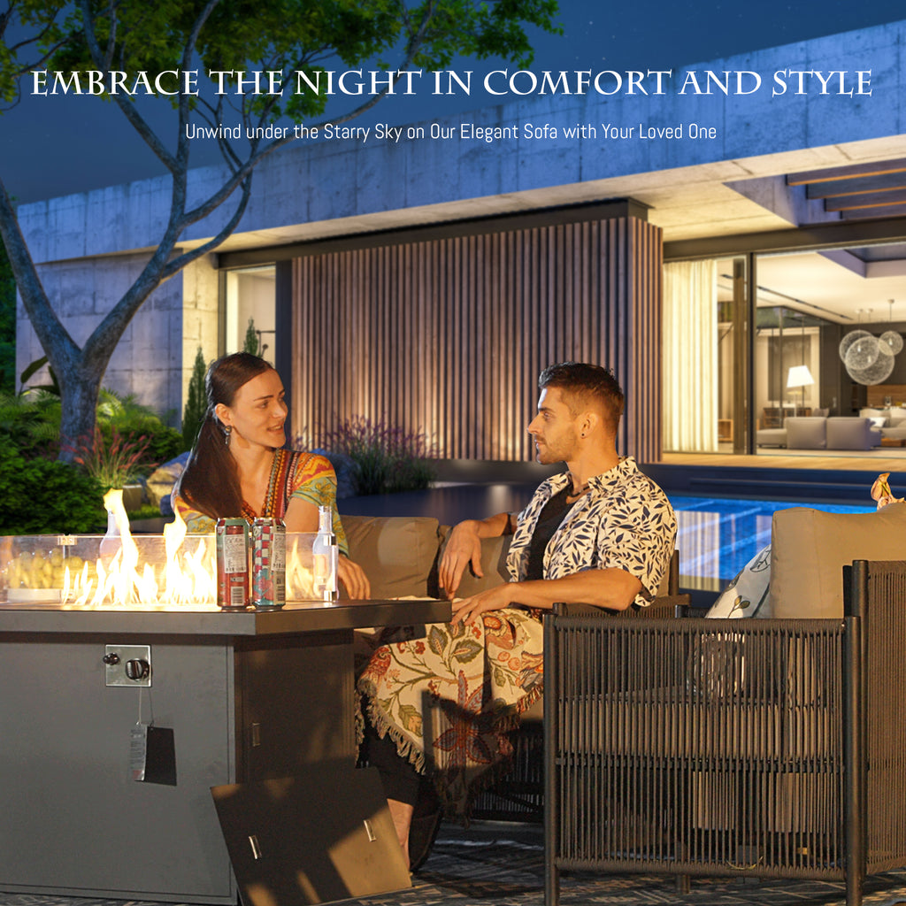 Grey Rope Patio Sectional Sofa Set with Fire Pit Table, 9 Pcs Outdoor Furniture Set X2664