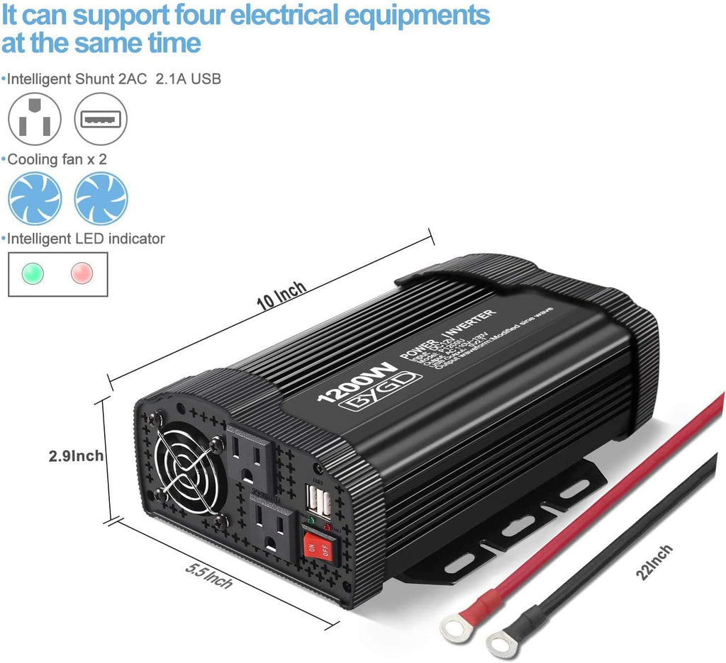 1200W Power Inverter with Dual AC Outlets Dual 2.1A USB Ports P883867