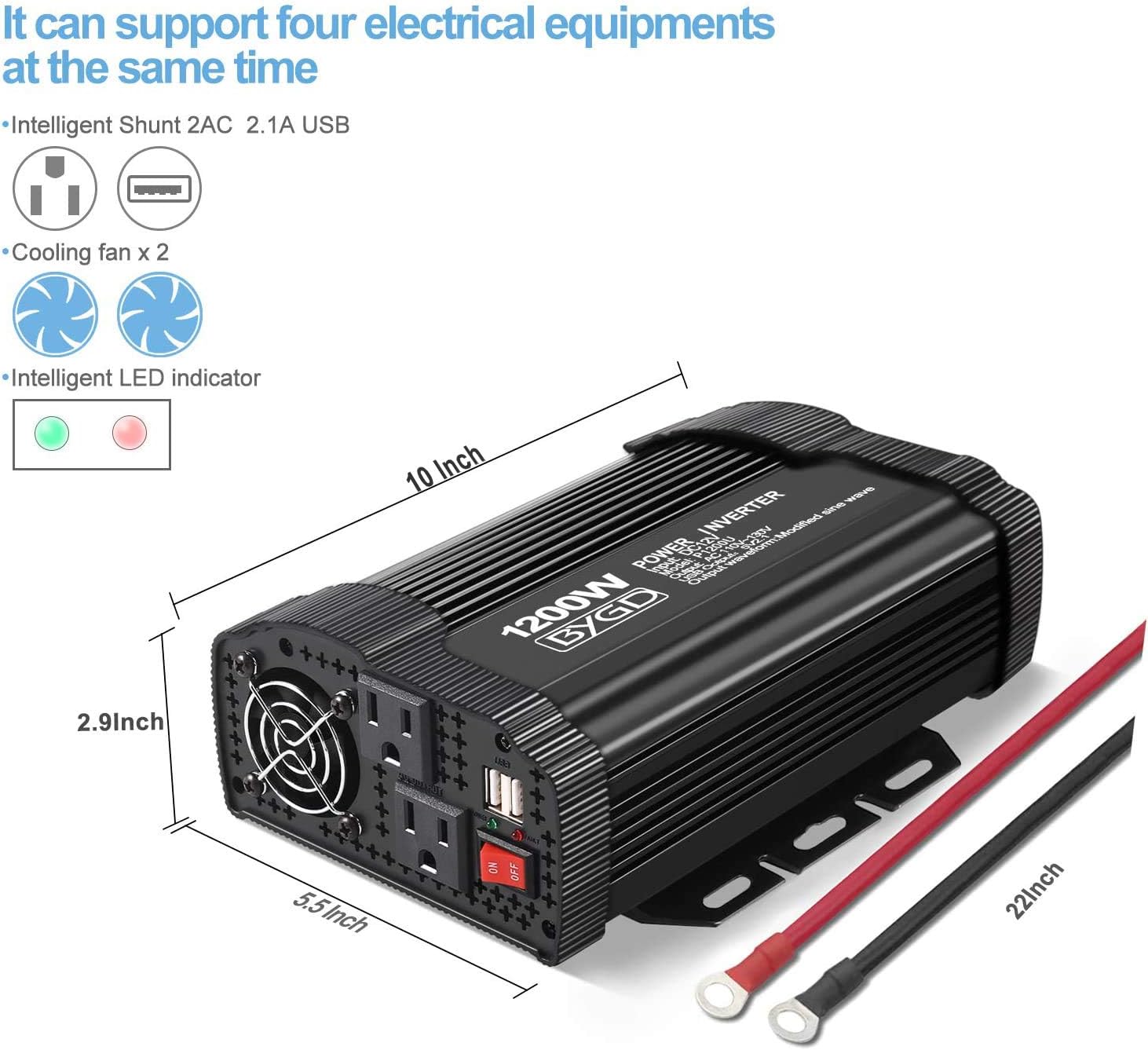 1200W Power Inverter with Dual AC Outlets Dual 2.1A USB Ports P883867