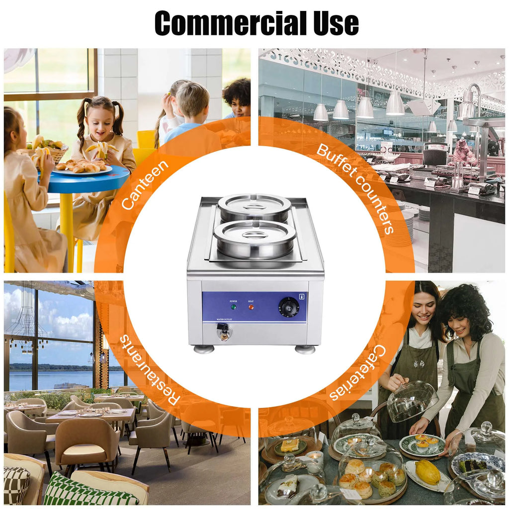 1200W Dual Pots Countertop Food Warmer Stainless Steel Commercial Bain Marie D309