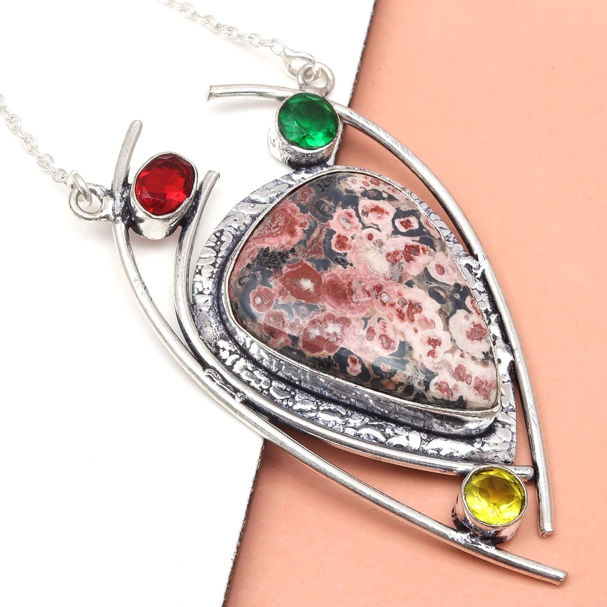 925 Silver Leopard Jasper Gemstone Necklace 20 in Z60579