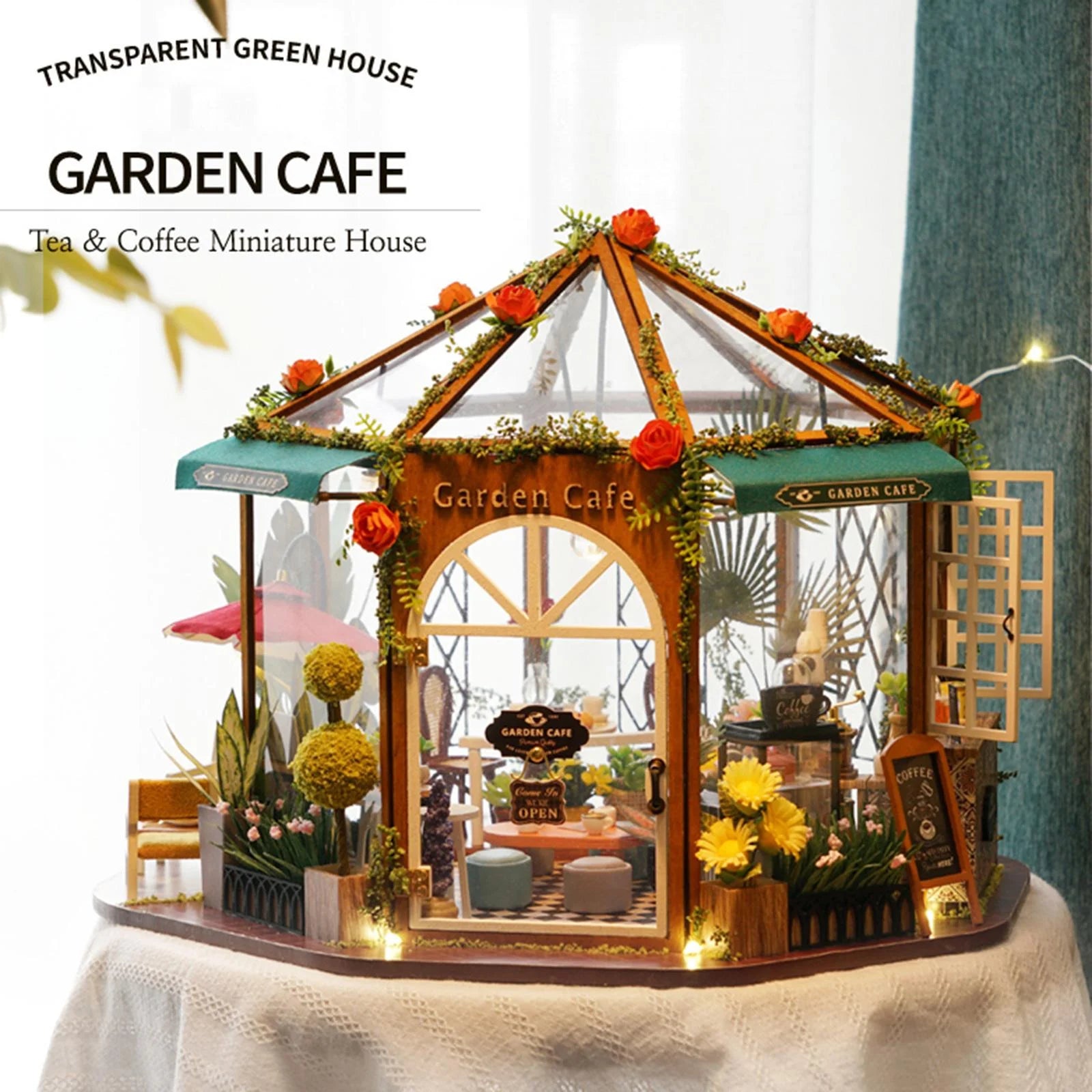 DIY Miniature Doll House Wooden Coffee Shop with Furniture LED Light M316
