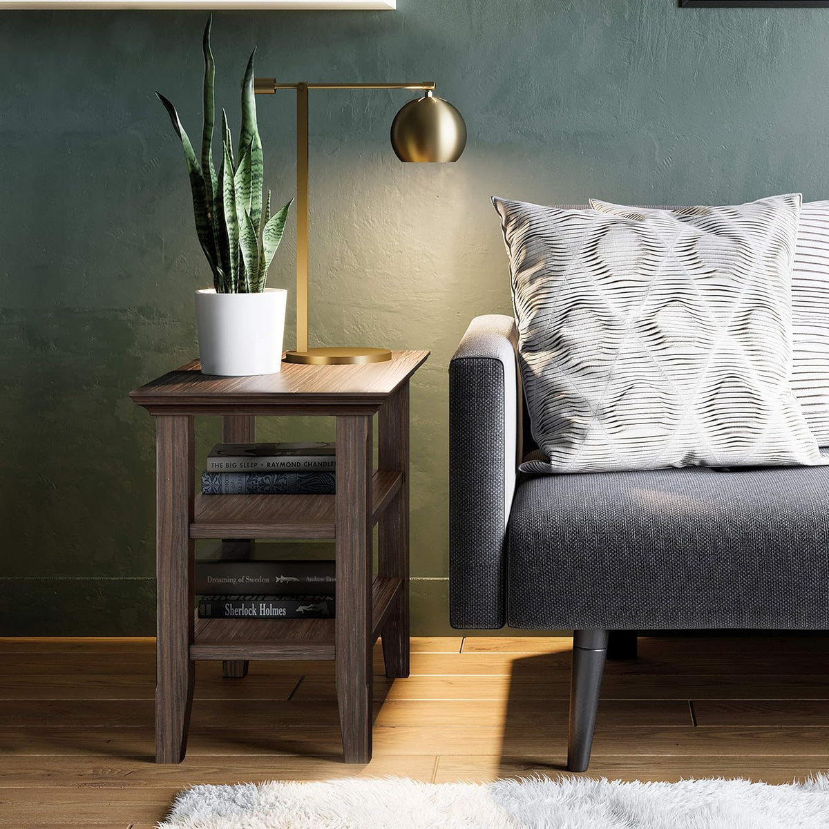 Black Solid Wood Narrow Side Table with 2 Shelves W1573