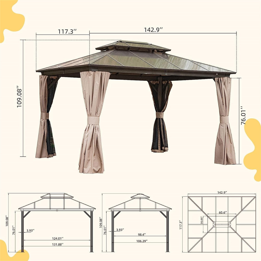 Brown Hardtop Pergola with Bug Netting and Curtains S5689