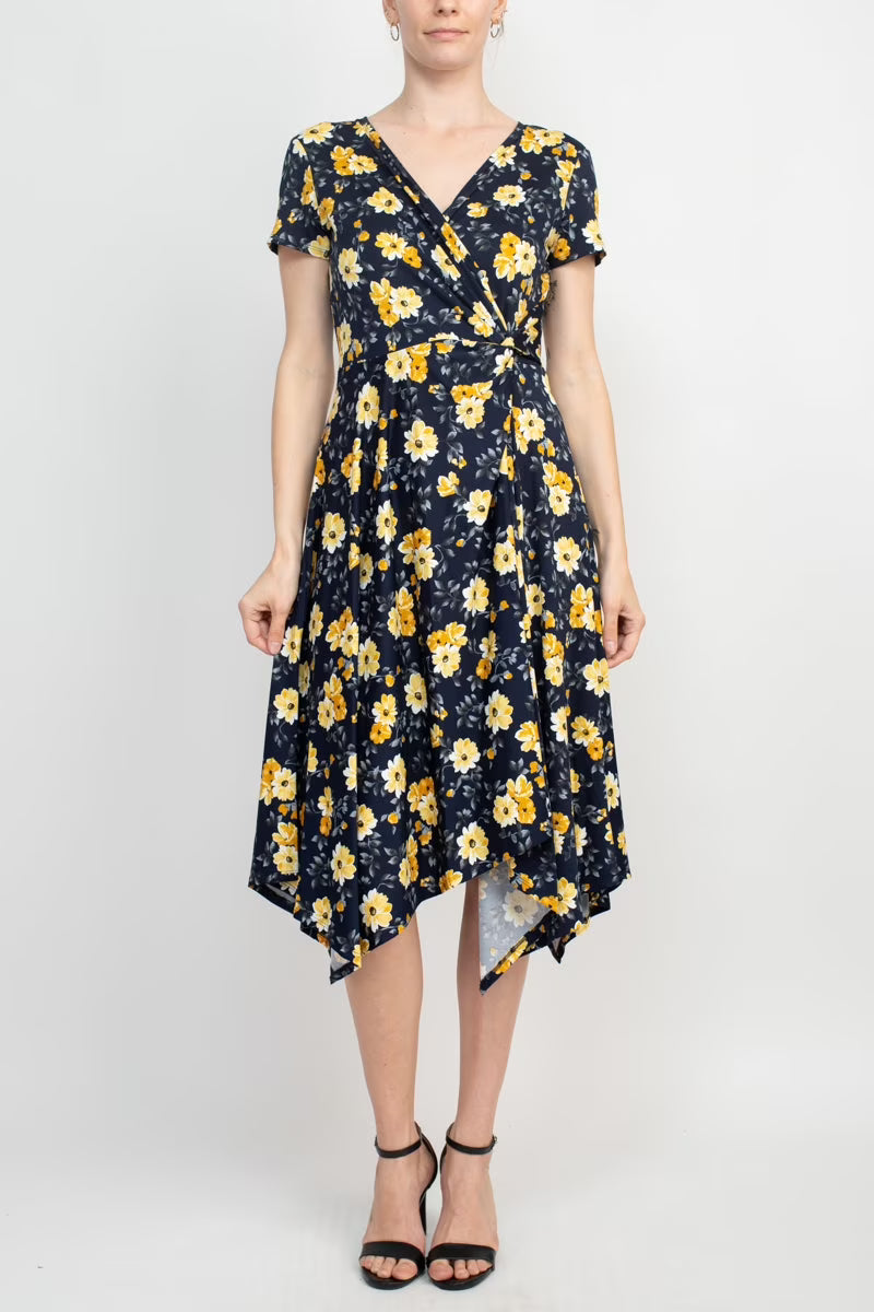 V-Neck Short Sleeve Floral Print ITY Dress C148