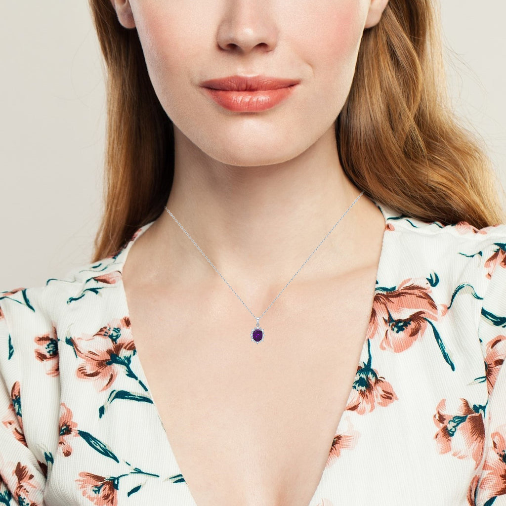 Amethyst Oval Pendant Necklace with White Topaz Halo 18 Inch Cable Chain Q450