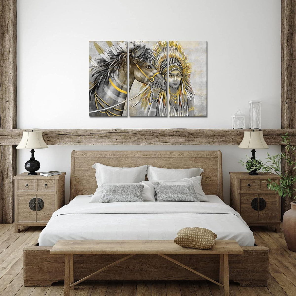 Set of 3 Canvas Painting Native American Women with Horse Feathers Headdress Poster Artwork Framed L417