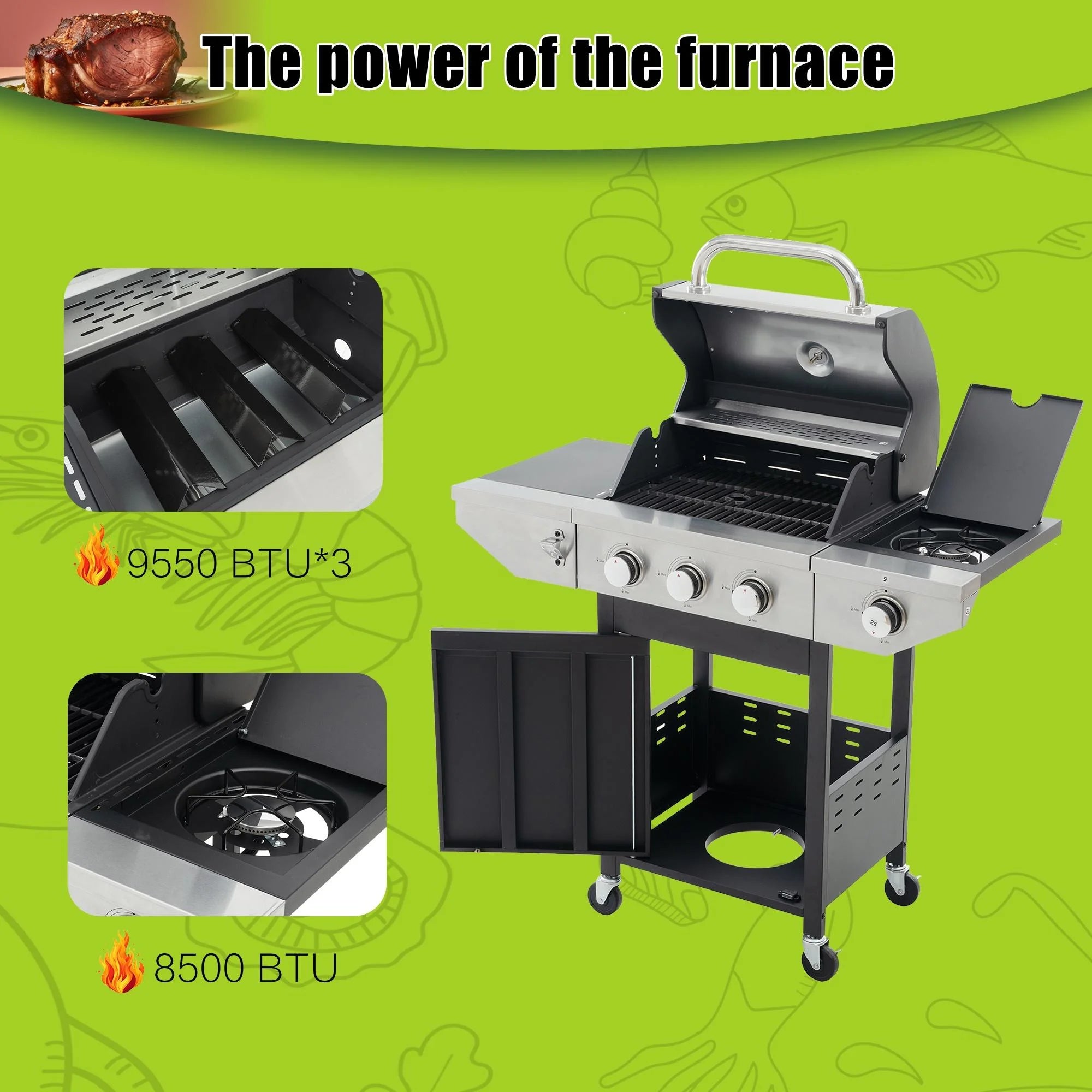 3-Burner Stainless Steel Propane Gas Grill with Side Burner R88833